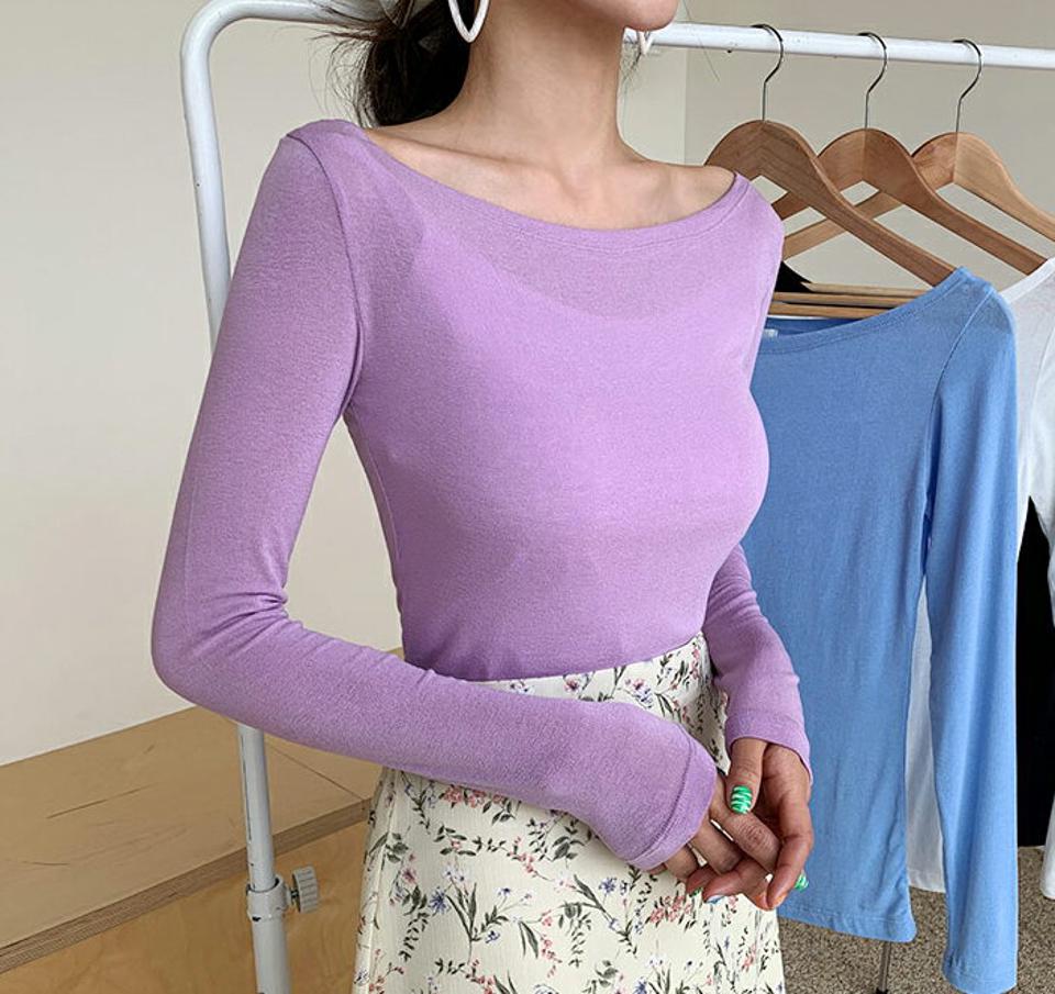 ボートネックTシャツ・全6色・t61765 レディース 【tops】【韓国 ファッション トップス Tシャツ 長袖 シンプル ボートネック デコルテ スリム フィット カジュアル ベーシック 体型カーバー デイリー 細身 秋 春】