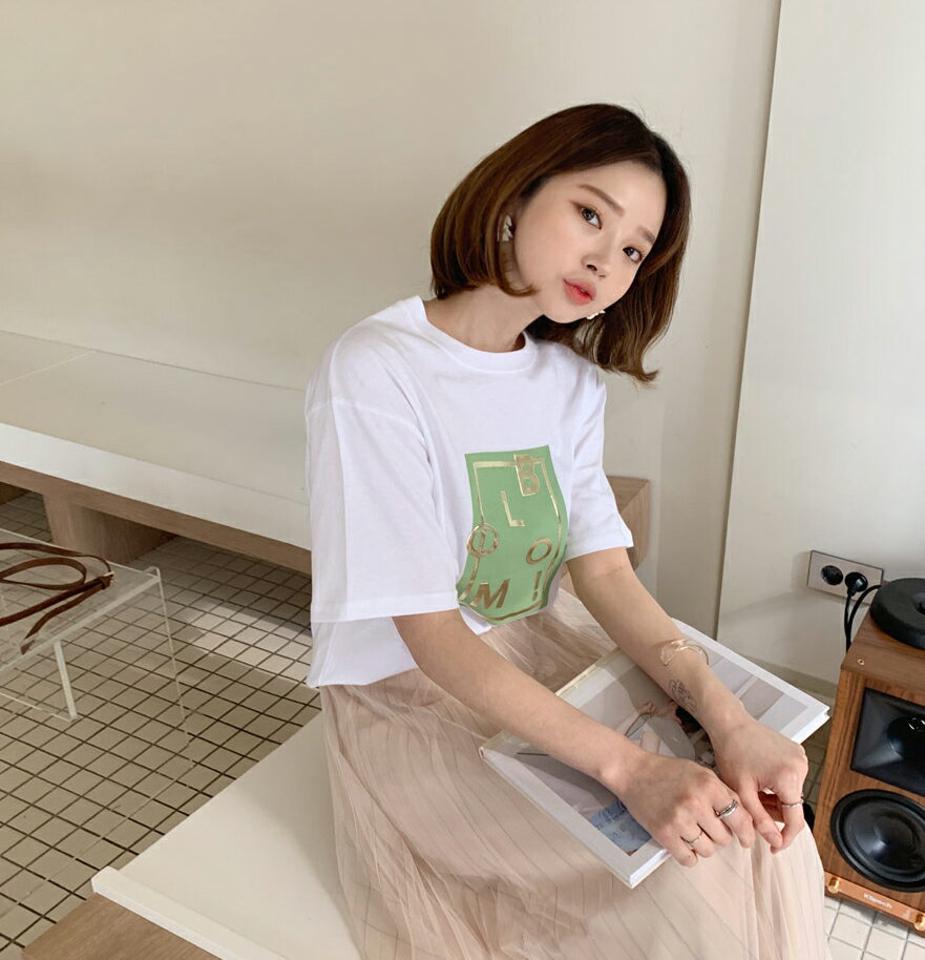 スクエアプリントロゴTシャツ・全3色・t63128 レディース 【tops】【韓国 ファッション トップス Tシャツ 半袖 プリント ロゴ グロッシー 配色 スリム ルーズ ゆったり カジュアル 細身 大人 体型カーバー 秋 春】