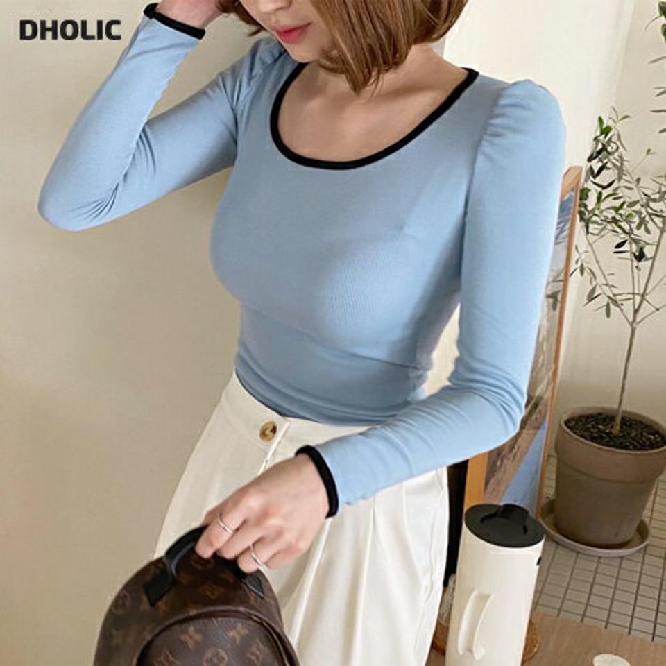 配色ラインパフTシャツ・全3色・t63131 レディース 【tops】【韓国 ファッション トップス Tシャツ 長袖 シンプル 配色ライン パフTシャツ メリハリ スリム フィット スクエアネック パフスリーブ カジュアル 体型カーバー デイリー 細身 秋 春】