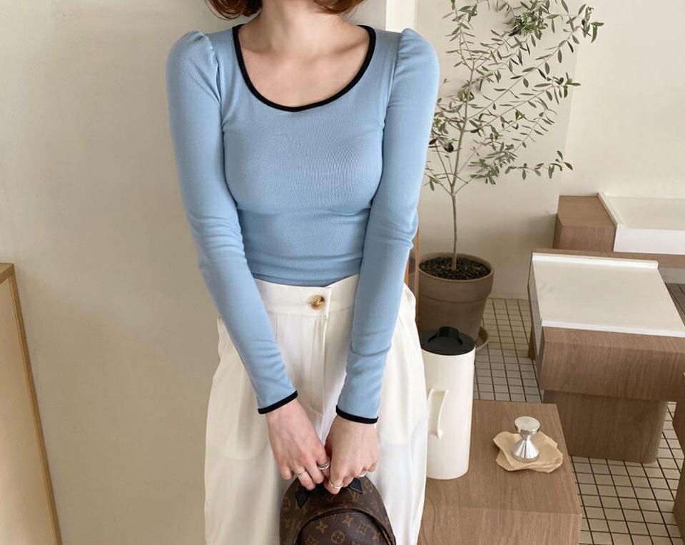 配色ラインパフTシャツ・全3色・t63131 レディース 【tops】【韓国 ファッション トップス Tシャツ 長袖 シンプル 配色ライン パフTシャツ メリハリ スリム フィット スクエアネック パフスリーブ カジュアル 体型カーバー デイリー 細身 秋 春】