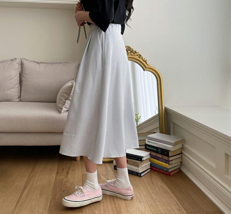 Aラインチェックスカート・全3色・b63658 レディース 【sk】【韓国 ファッション ボトムス スカート ロング ロングスカート シンプル チェック パターン Aライン ボリューム フレアスカート ガーリー カジュアル デイリー 細身 秋 春】【NIJU】