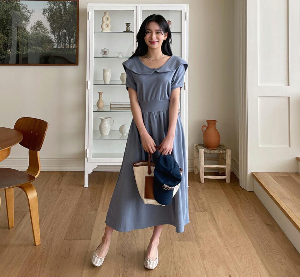 ビッグカラーワンピース・全3色・b63654 レディース 【ops】【韓国 ファッション ワンピース ロング ロングワンピース 半袖 ビッグカラー ドルマンショートスリーブ スウェットフレアワンピース カジュアル フェミニン 体型カバー 秋 春】【NIJU】