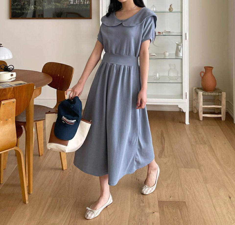 ビッグカラーワンピース・全3色・b63654 レディース 【ops】【韓国 ファッション ワンピース ロング ロングワンピース 半袖 ビッグカラー ドルマンショートスリーブ スウェットフレアワンピース カジュアル フェミニン 体型カバー 秋 春】【NIJU】