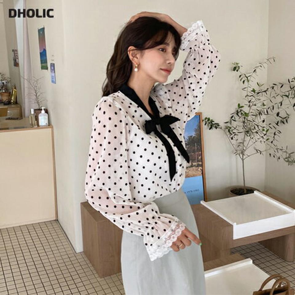 リボンドットブラウス・全2色・b63135 レディース 【bl】【韓国 ファッション トップス ブラウス 長袖 上品 体型カバー ドット パターン リボンネック フェミニン カジュアル デイリー 秋 春】