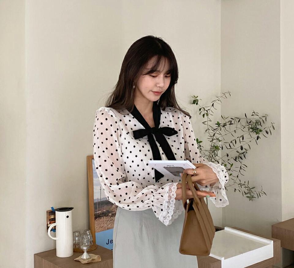 リボンドットブラウス・全2色・b63135 レディース 【bl】【韓国 ファッション トップス ブラウス 長袖 上品 体型カバー ドット パターン リボンネック フェミニン カジュアル デイリー 秋 春】