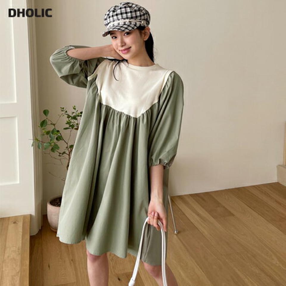 配色ミディワンピース・全4色・t63655 レディース 【ops】【韓国 ファッション ワンピース ミディ ミディワンピース 半袖 配色 コントラスト ラウンドネック ギャザー ボリューム カジュアル デイリー 秋 春】【NIJU】