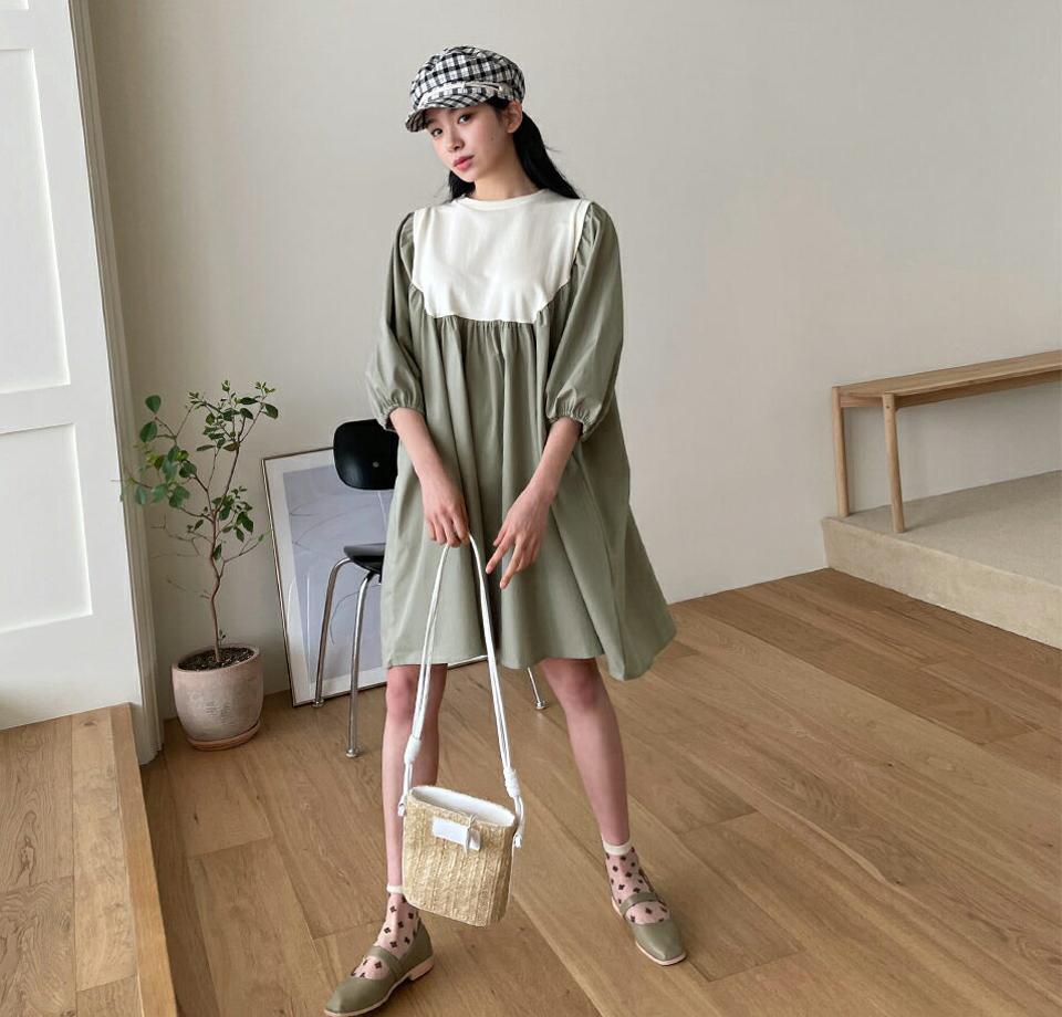 配色ミディワンピース・全4色・t63655 レディース 【ops】【韓国 ファッション ワンピース ミディ ミディワンピース 半袖 配色 コントラスト ラウンドネック ギャザー ボリューム カジュアル デイリー 秋 春】【NIJU】