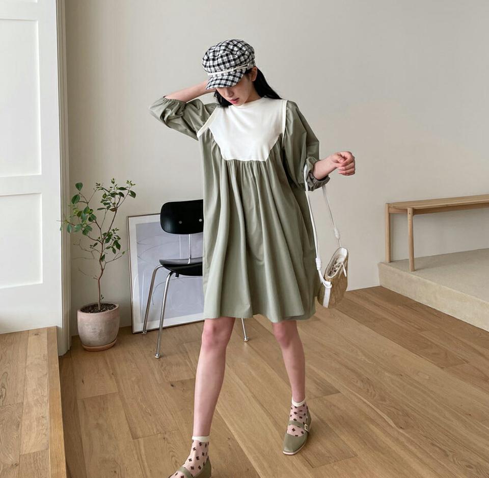 配色ミディワンピース・全4色・t63655 レディース 【ops】【韓国 ファッション ワンピース ミディ ミディワンピース 半袖 配色 コントラスト ラウンドネック ギャザー ボリューム カジュアル デイリー 秋 春】【NIJU】