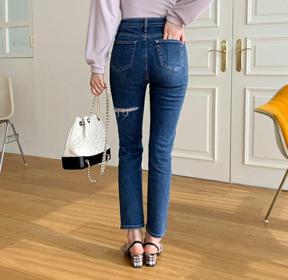 シークレットゴムスリットデニムパンツ・全1色・t63154 レディース 【pt】【韓国 ファッション ボトムス パンツ デニム ロング ロングパンツ デニムパンツ ストレート スリム 美脚 10分丈 十分丈 カジュアル デイリー 秋 春】