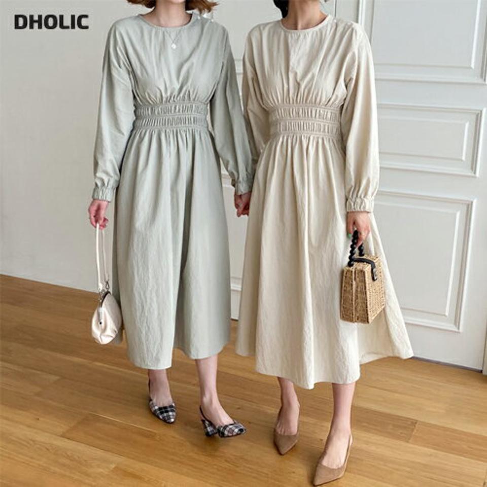 ≪人気商品再入荷≫ウエストゴムフレアワンピース・全4色・t63143 レディース 【ops】韓国ファッション ワンピース ロングワンピース 長袖 ラウンドネック ウエストゴム ワイド フェミニン スリム カジュアル 体型カバー 秋 春