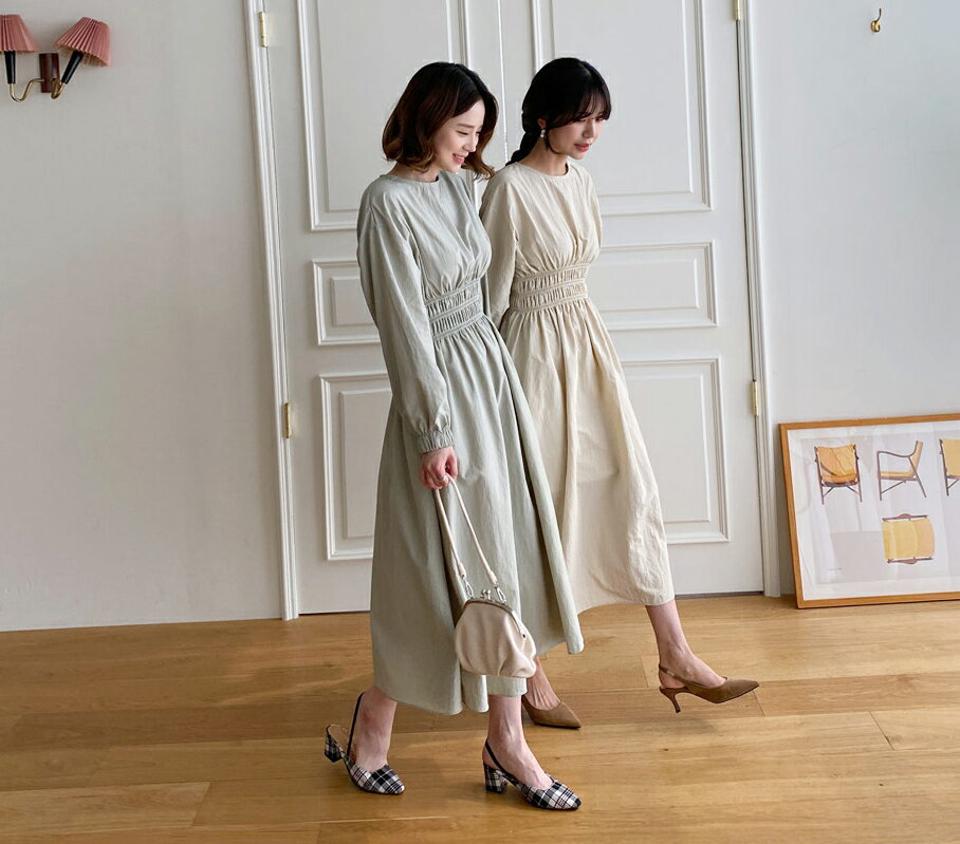 ≪人気商品再入荷≫ウエストゴムフレアワンピース・全4色・t63143 レディース 【ops】韓国ファッション ワンピース ロングワンピース 長袖 ラウンドネック ウエストゴム ワイド フェミニン スリム カジュアル 体型カバー 秋 春