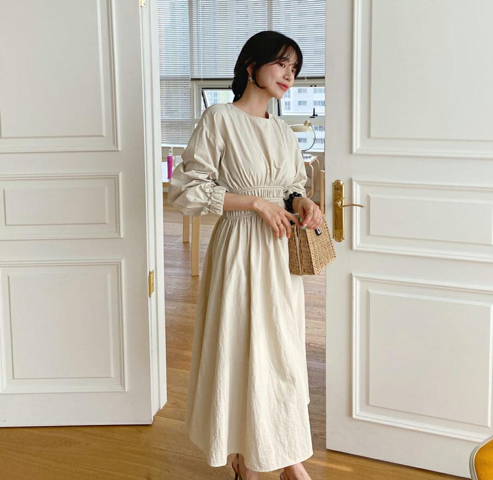 ≪人気商品再入荷≫ウエストゴムフレアワンピース・全4色・t63143 レディース 【ops】韓国ファッション ワンピース ロングワンピース 長袖 ラウンドネック ウエストゴム ワイド フェミニン スリム カジュアル 体型カバー 秋 春