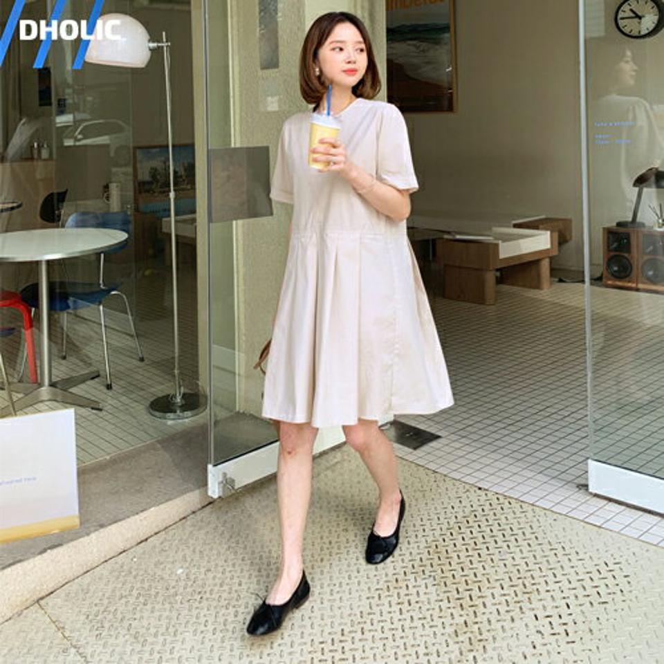 プリーツ半袖ワンピース・全3色・t63139 レディース 【ops】【韓国 ファッション ワンピース ミディ ミディワンピース 半袖 ラウンドネック Hライン ロールアップ フェミニン スリム カジュアル 体型カバー 秋 春】