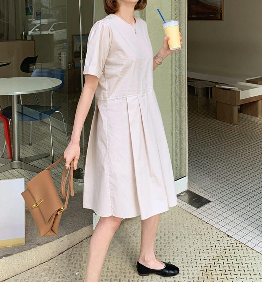 プリーツ半袖ワンピース・全3色・t63139 レディース 【ops】【韓国 ファッション ワンピース ミディ ミディワンピース 半袖 ラウンドネック Hライン ロールアップ フェミニン スリム カジュアル 体型カバー 秋 春】