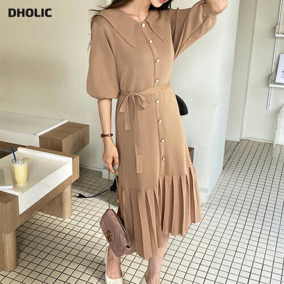 ストラップ付ビッグカラーニットワンピース・全2色・b63141 レディース 【ops】【韓国 ファッション ワンピース ロング ロングワンピース 半袖 ニットワンピース ストラップ ビック襟 小顔 プリーツ フェミニン スリム カジュアル 体型カバー 秋 春】