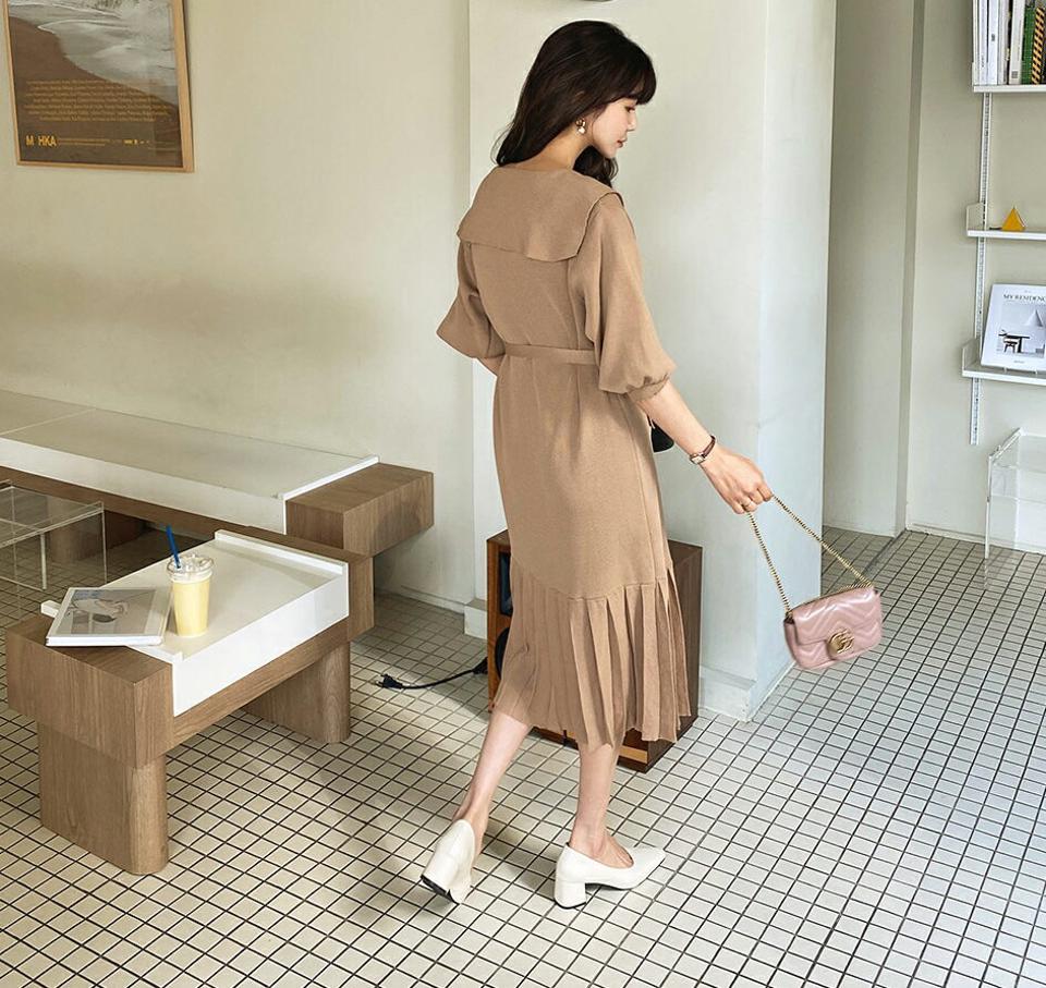 ストラップ付ビッグカラーニットワンピース・全2色・b63141 レディース 【ops】【韓国 ファッション ワンピース ロング ロングワンピース 半袖 ニットワンピース ストラップ ビック襟 小顔 プリーツ フェミニン スリム カジュアル 体型カバー 秋 春】