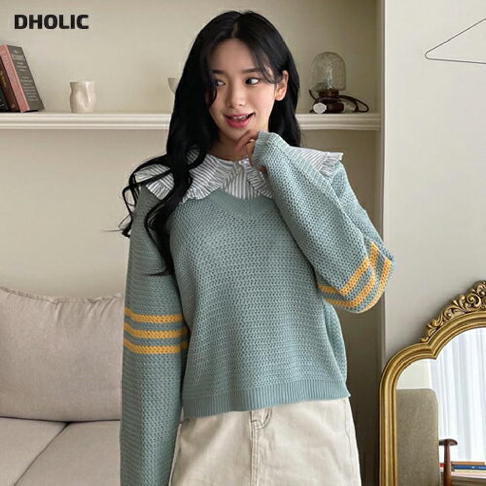 【マラソン特価】ワッフルスリーブラインニット・全5色・b63608 レディース 【tops】【韓国 ファッション トップス ニット 長袖 スリム Vネック ワッフルニット カジュアル ダブルライン 配色 ストライプ 細身 体型カーバー ガーリー デイリー 秋 春】【NIJU】