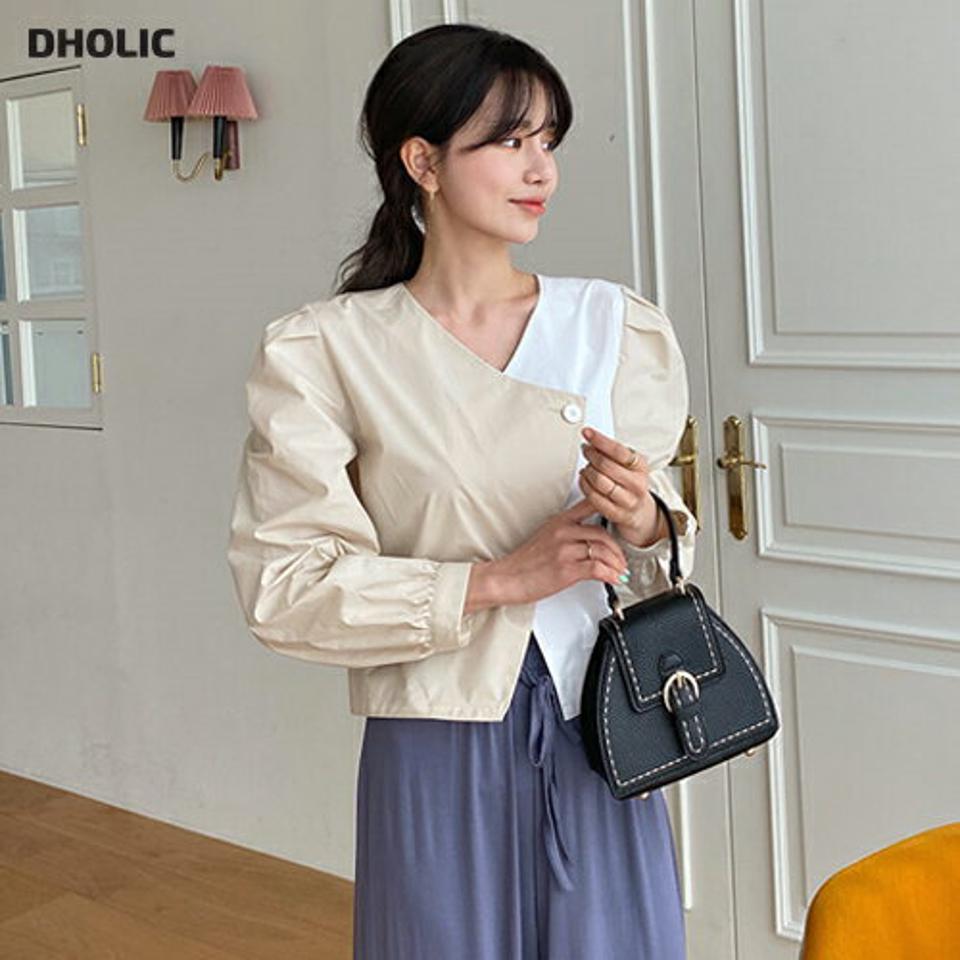 配色Vボタンネックブラウス・全2色・t63160 レディース 【bl】【韓国 ファッション トップス ブラウス 長袖 上品 体型カバー バイカラー 配色 Vネック パフスリーブ ユニーク クロップド丈 フェミニン カジュアル デイリー 秋 春】