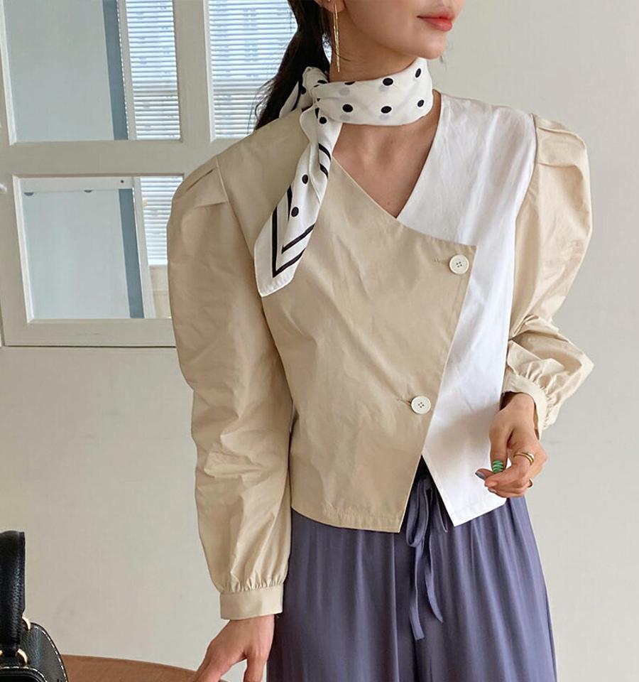 配色Vボタンネックブラウス・全2色・t63160 レディース 【bl】【韓国 ファッション トップス ブラウス 長袖 上品 体型カバー バイカラー 配色 Vネック パフスリーブ ユニーク クロップド丈 フェミニン カジュアル デイリー 秋 春】