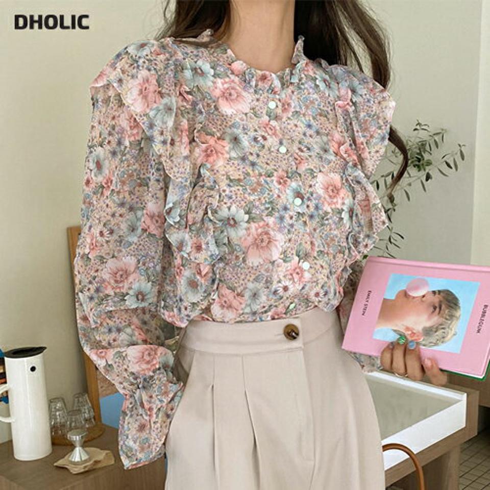 【マラソン特価】フリルフローラルブラウス・全2色・t63136 レディース 【bl】【韓国 ファッション トップス ブラウス 長袖 上品 体型カバー 花柄 フラワー フリル ラブリー シースルー フェミニン カジュアル デイリー 秋 春】【fw】