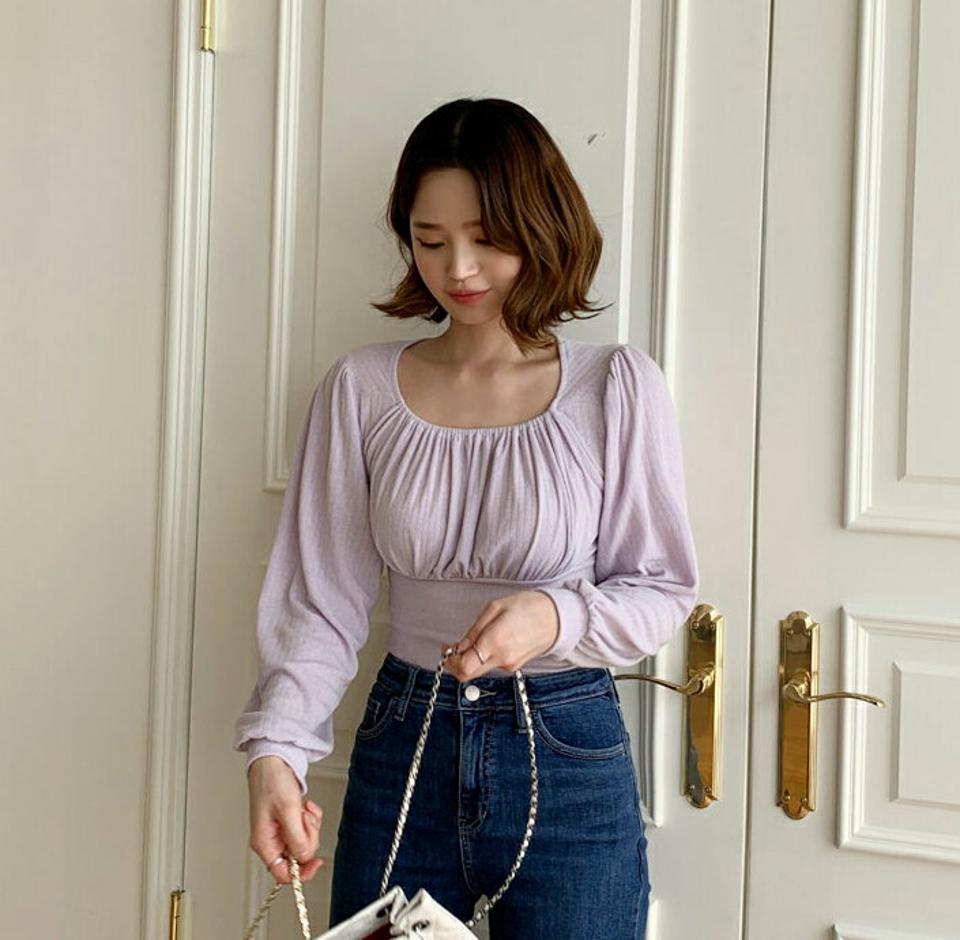 スクエアギャザーTシャツ・全4色・t63130 レディース 【tops】【韓国 ファッション トップス Tシャツ 長袖 ギャザー リブ スリム パフスリーブ パフ カジュアル ベーシック 体型カーバー デイリー 細身 秋 春】