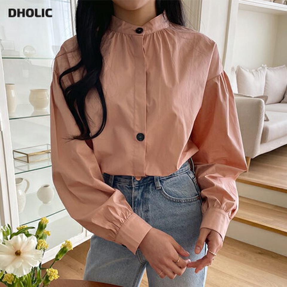 ボタン配色バンドカラーブラウス・全2色・b63653 レディース 【bl】【韓国 ファッション トップス ブラウス 長袖 ボタン バンドカラー シャツブラウス ルーズ ギャザー ロールアップ ボリューム 上品 ガーリー 体型カバー 細身 デイリー 秋 春】【NIJU】