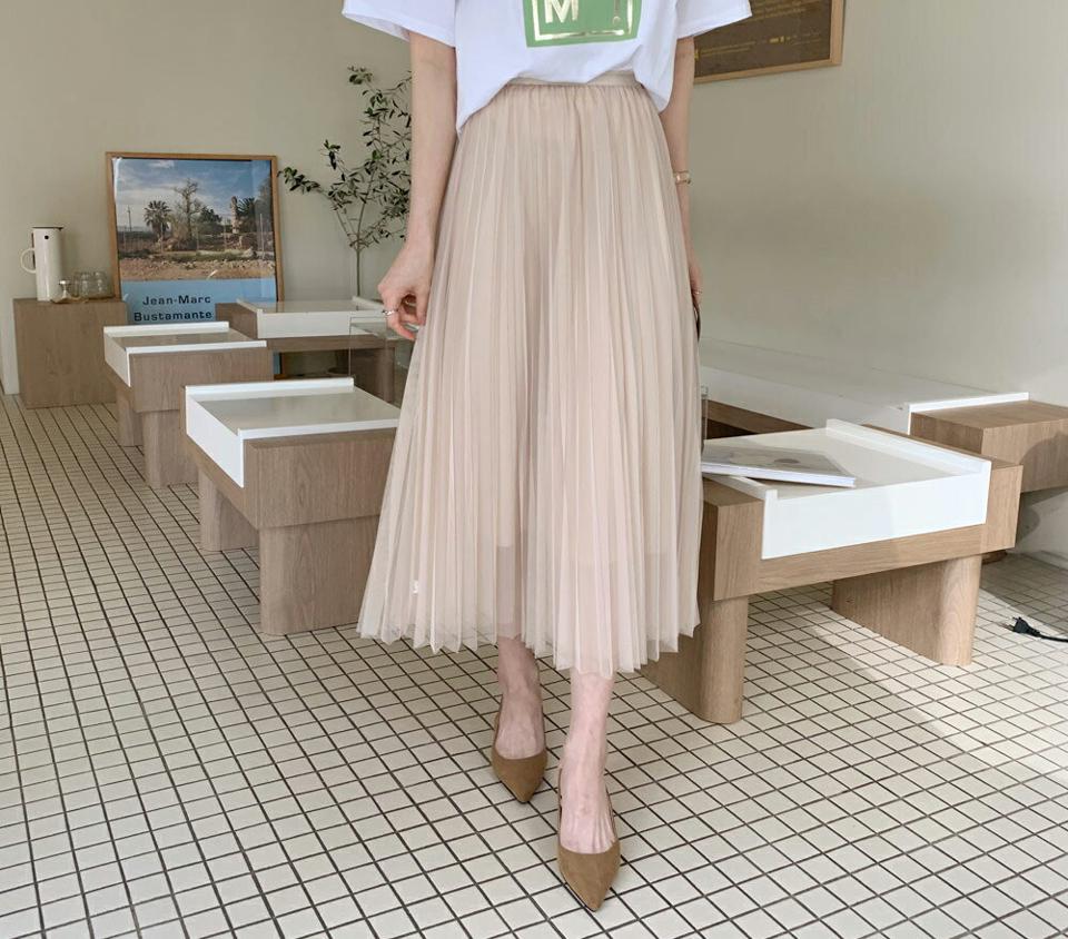 チュールグリッタープリーツスカート・全4色・b63149 レディース 【sk】【韓国 ファッション ボトムス スカート ロング ロングスカート 揺れ感 チュールスカート プリーツ グリッター ウエストゴム フレア フェミニン カジュアル デイリー 上品 秋 春】