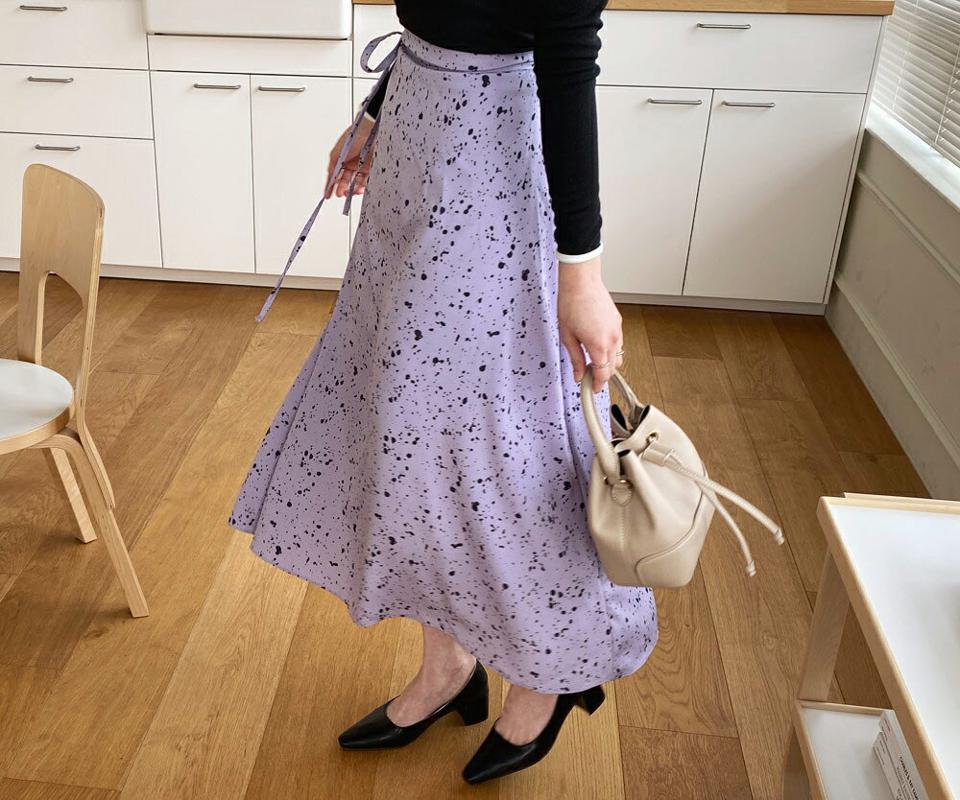 リボンペイントスカート・全4色・t63146 レディース 【sk】【韓国 ファッション ボトムス スカート ロング ロングスカート リボン ユニーク パターン バックゴム ウエストリボン Aライン ゆったり フェミニン カジュアル デイリー 上品 秋 春】
