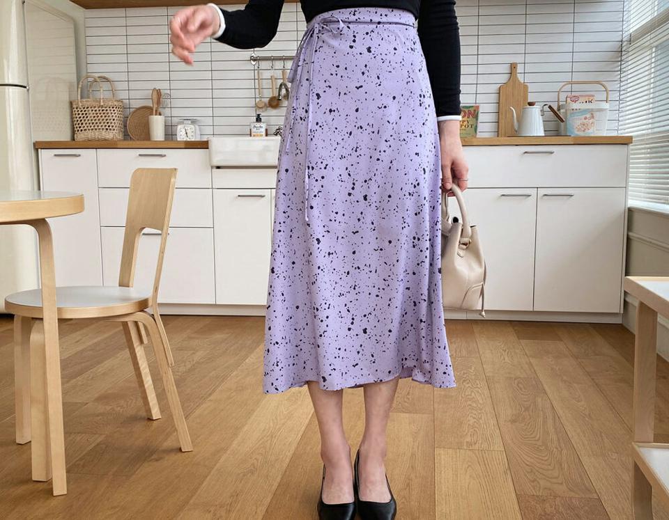 リボンペイントスカート・全4色・t63146 レディース 【sk】【韓国 ファッション ボトムス スカート ロング ロングスカート リボン ユニーク パターン バックゴム ウエストリボン Aライン ゆったり フェミニン カジュアル デイリー 上品 秋 春】