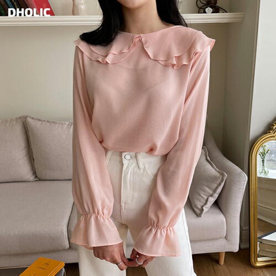 ダブルラウンドカラーブラウス・全4色・t63652 レディース 【bl】【韓国 ファッション トップス ブラウス 長袖 ラウンドネック ダブルカラー ラブリー ビッグカラー ガーリー フリル ボリューム 上品 体型カバー 細身 デイリー 秋 春】【NIJU】