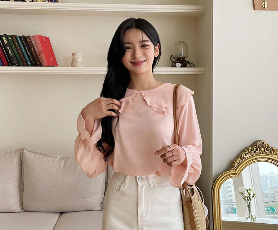 ダブルラウンドカラーブラウス・全4色・t63652 レディース 【bl】【韓国 ファッション トップス ブラウス 長袖 ラウンドネック ダブルカラー ラブリー ビッグカラー ガーリー フリル ボリューム 上品 体型カバー 細身 デイリー 秋 春】【NIJU】