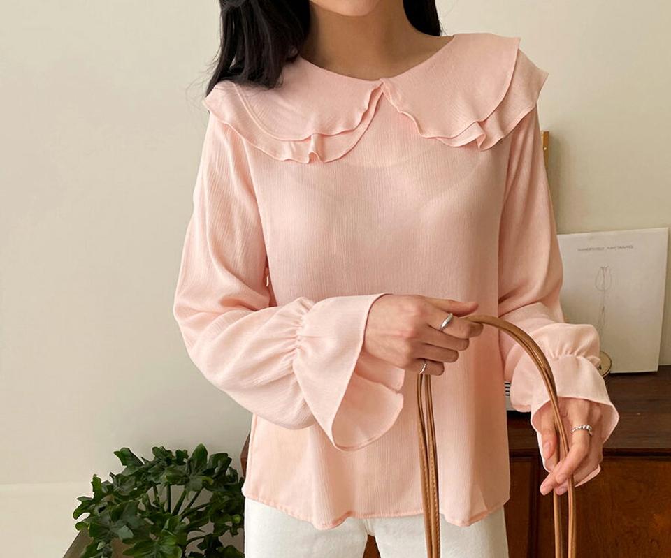 ダブルラウンドカラーブラウス・全4色・t63652 レディース 【bl】【韓国 ファッション トップス ブラウス 長袖 ラウンドネック ダブルカラー ラブリー ビッグカラー ガーリー フリル ボリューム 上品 体型カバー 細身 デイリー 秋 春】【NIJU】