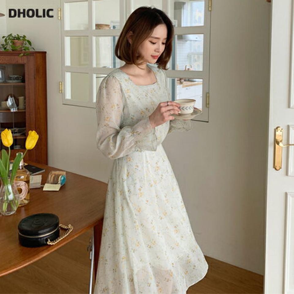 スクエア花柄ワンピース・全3色・t63142 レディース 【ops】【韓国 ファッション ワンピース ロング ロングワンピース 長袖 スクエアネック 花柄 フラワー シフォン バックゴム リボン フレア フェミニン 細身 スリム カジュアル 体型カバー 秋 春】