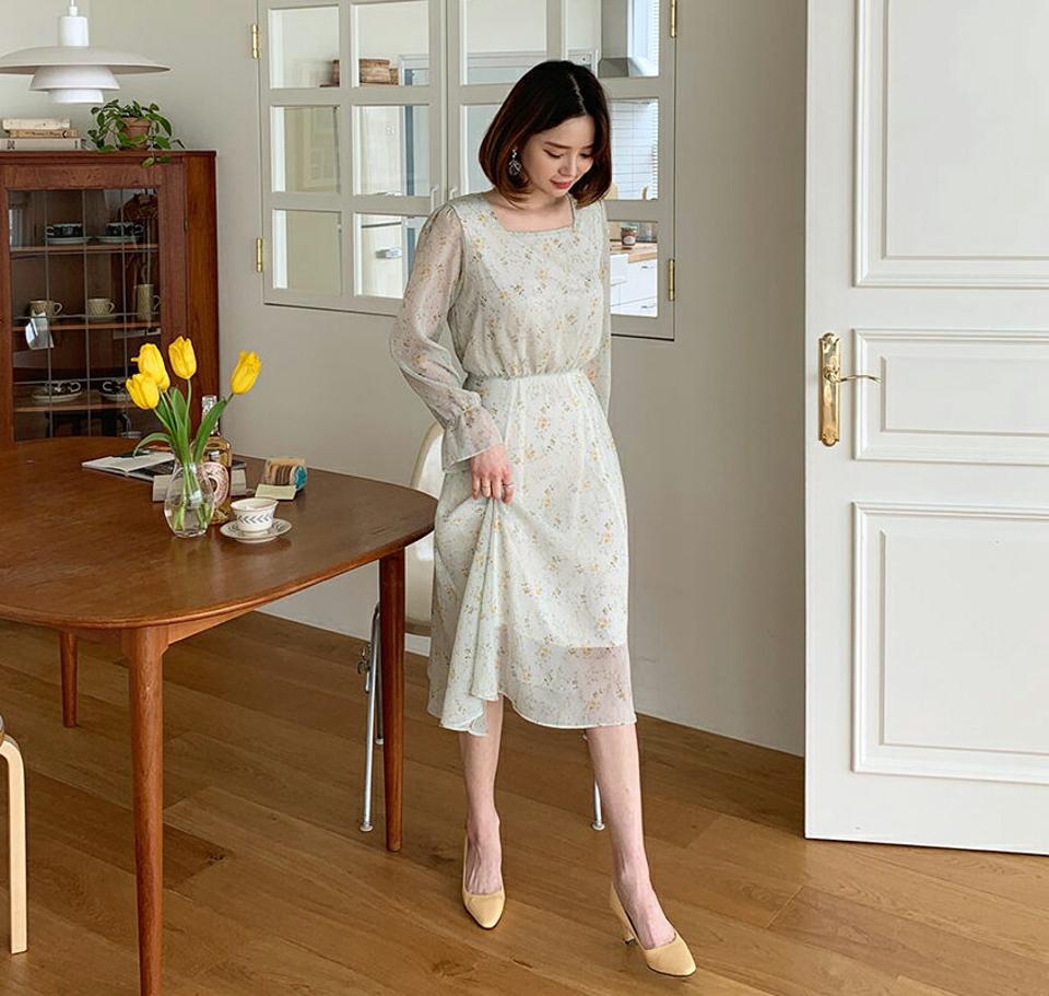 スクエア花柄ワンピース・全3色・t63142 レディース 【ops】【韓国 ファッション ワンピース ロング ロングワンピース 長袖 スクエアネック 花柄 フラワー シフォン バックゴム リボン フレア フェミニン 細身 スリム カジュアル 体型カバー 秋 春】