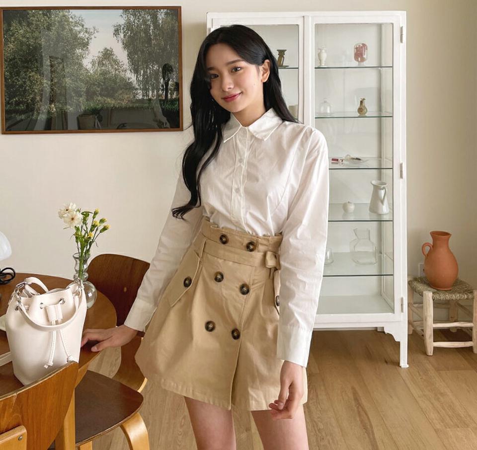 シャツ&ストラップ付ボタンスカートSET・全2色・t63656 レディース 【ops】 韓国 ファッション ワンピース ミニ ミニワンピース 長袖 セット シャツ ストラップ ベルトループ Aライン ミニスカート カジュアル セットアップ 秋 春 NIJU