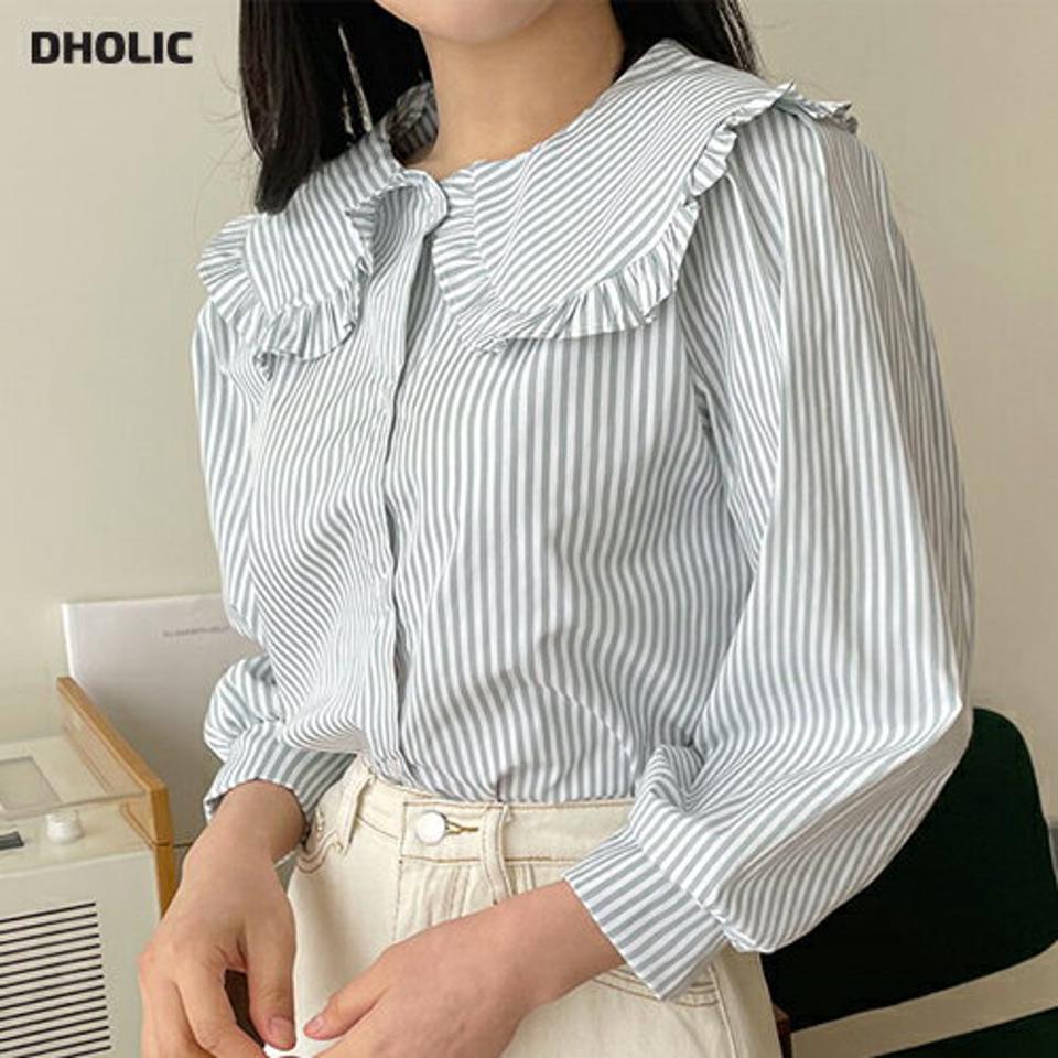 フリルカラーストライプブラウス・全3色・t63547 レディース 【bl】【韓国 ファッション トップス ブラウス 長袖 ラウンドネック ストライプ パターン ビッグカラー フリル ギャザー ボリューム 上品 ガーリー 体型カバー 細身 デイリー 秋 春】【NIJU】