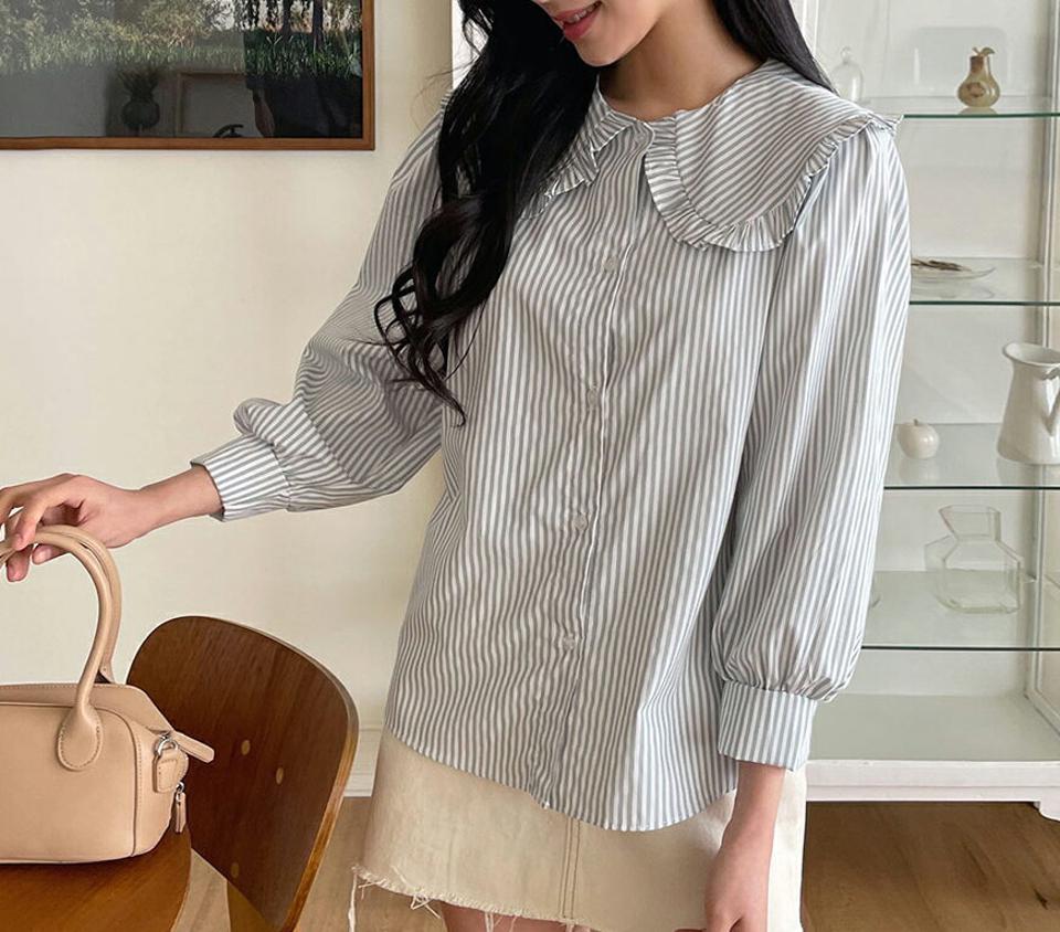 フリルカラーストライプブラウス・全3色・t63547 レディース 【bl】【韓国 ファッション トップス ブラウス 長袖 ラウンドネック ストライプ パターン ビッグカラー フリル ギャザー ボリューム 上品 ガーリー 体型カバー 細身 デイリー 秋 春】【NIJU】