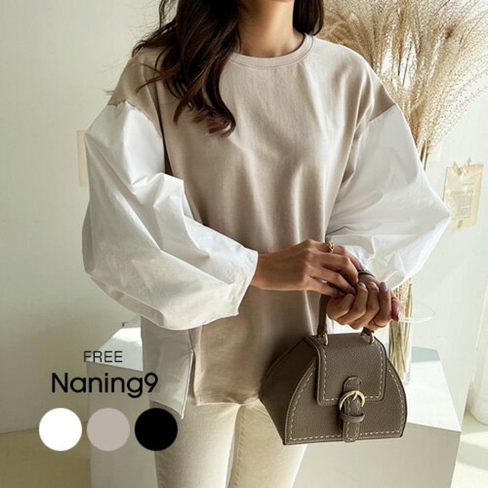 【★目玉】NANING9(ナンニング)ドッキングパフスリーブTシャツ【3/23up_go】韓国 韓国ファッション レディース 春 春服 人気 トップス トレーナー スウェット バルーンスリーブ 長袖 レイヤード風 プルオーバ【5】