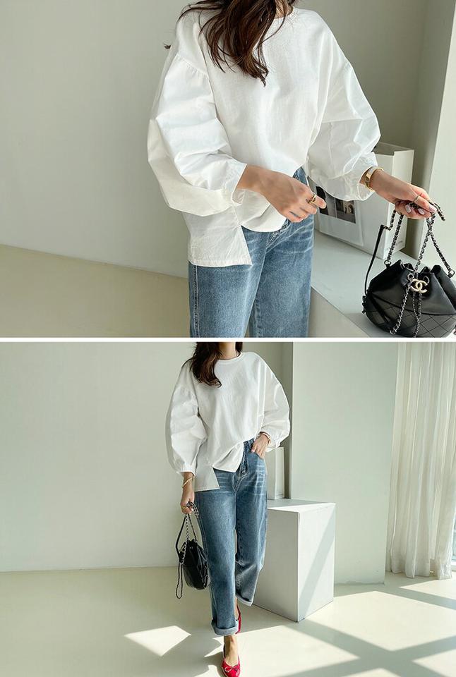【★目玉】NANING9(ナンニング)ドッキングパフスリーブTシャツ【3/23up_go】韓国 韓国ファッション レディース 春 春服 人気 トップス トレーナー スウェット バルーンスリーブ 長袖 レイヤード風 プルオーバ【5】