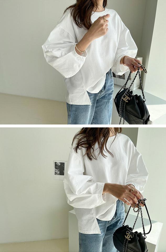 【★目玉】NANING9(ナンニング)ドッキングパフスリーブTシャツ【3/23up_go】韓国 韓国ファッション レディース 春 春服 人気 トップス トレーナー スウェット バルーンスリーブ 長袖 レイヤード風 プルオーバ【5】