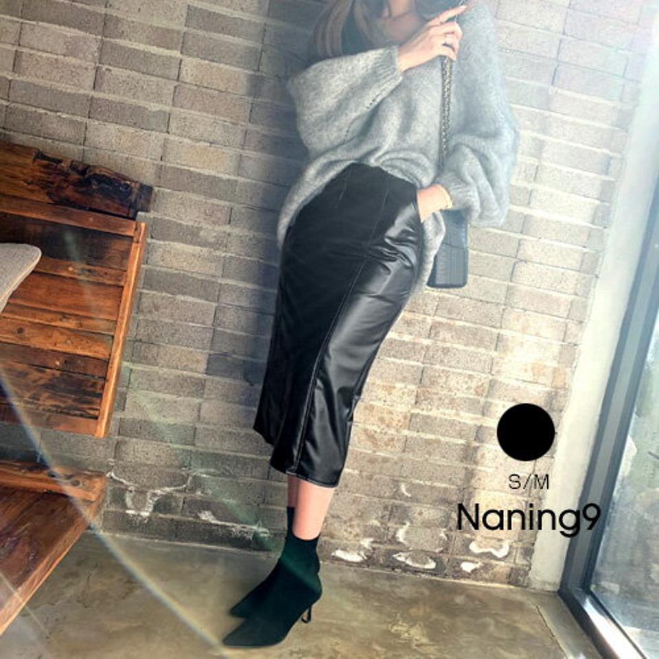 NANING9(ナンニング)ミディ丈レザータイトスカート【3/24up_go】韓国 韓国ファッション レディース 春 春服 人気 ボトムス ミモレ丈 Iライン タイト スリット ロング【5】