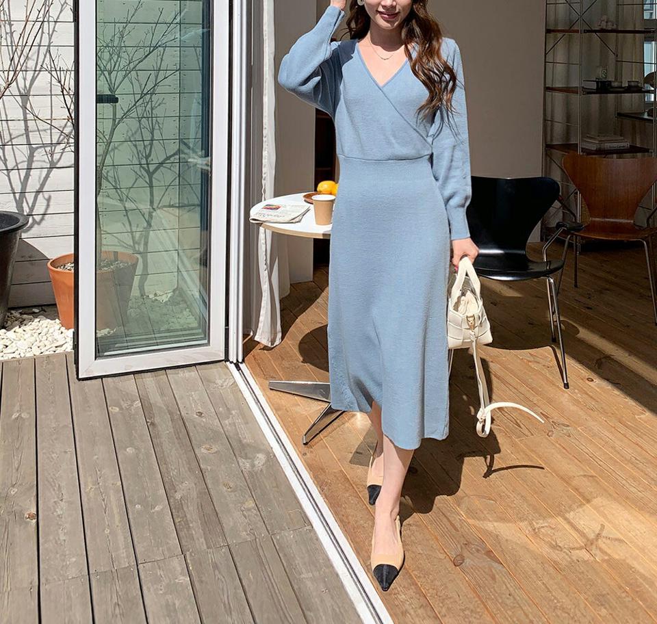 カシュクールニットワンピース・全4色・t67537 レディース 【ops】【ワンピース ミディ丈 ミディワンピース ニット ニットワンピース カシュクール 大人 フェミニン ラップデザイン 長袖 春 秋 韓国 ファッション】【ハイホリHIHOLLI】