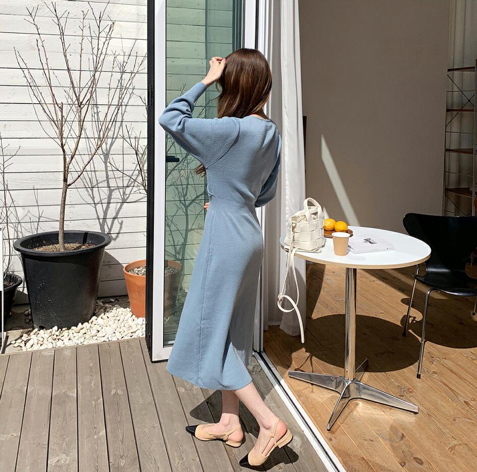 カシュクールニットワンピース・全4色・t67537 レディース 【ops】【ワンピース ミディ丈 ミディワンピース ニット ニットワンピース カシュクール 大人 フェミニン ラップデザイン 長袖 春 秋 韓国 ファッション】【ハイホリHIHOLLI】