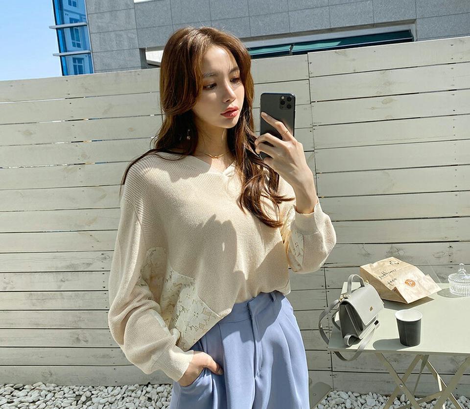 Vネックレースポイントニット・全3色・b67530 レディース 【tops】 トップス ニット ニットトップス 長袖 レース Vネック 可愛い かわいい フェミニン 大人 春 秋 韓国 ファッション ハイホリHIHOLLI