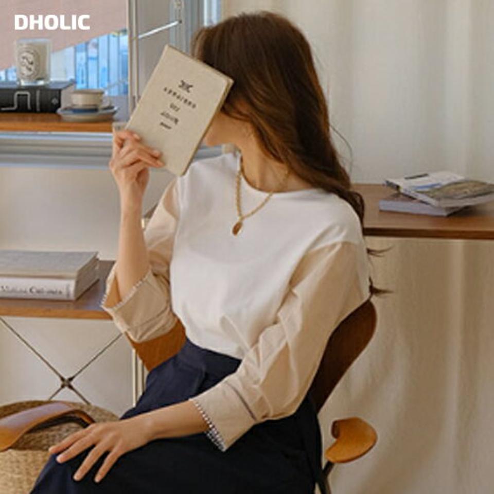 配色パンチングスリーブブラウス・全2色・t67525 レディース 【bl】【トップス ブラウス 七分丈 七分袖 7分丈 7分袖 パンチング パフ袖 パフスリーブ 愛らしい 可愛い かわいい 春 夏 秋 韓国 ファッション】【ハイホリHIHOLLI】