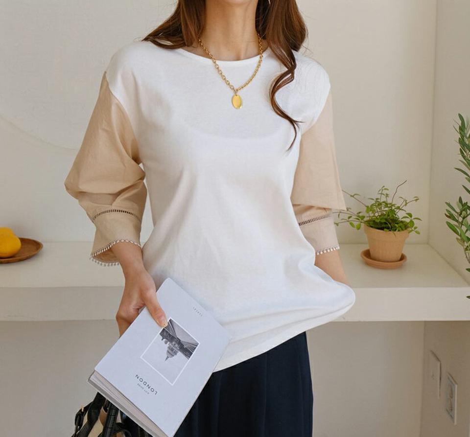 配色パンチングスリーブブラウス・全2色・t67525 レディース 【bl】【トップス ブラウス 七分丈 七分袖 7分丈 7分袖 パンチング パフ袖 パフスリーブ 愛らしい 可愛い かわいい 春 夏 秋 韓国 ファッション】【ハイホリHIHOLLI】