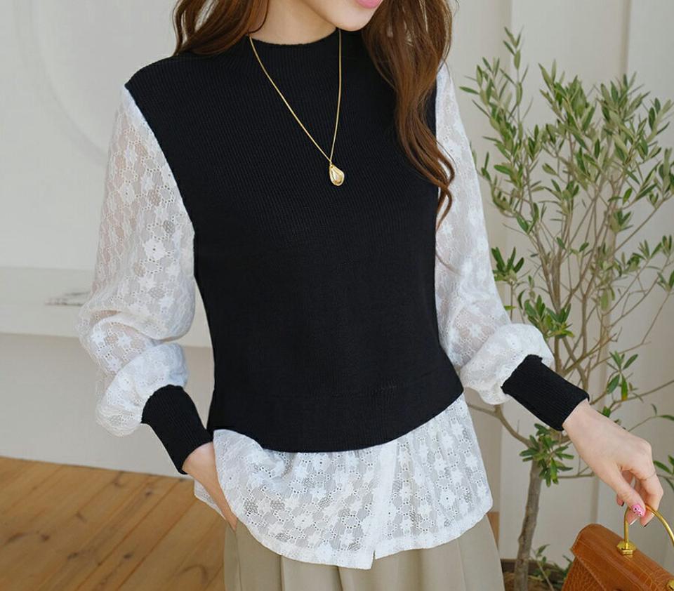 フリルレースニット・全1色・b67523 レディース 【tops】【トップス ニット ニットトップス 長袖 レース フリル 袖コンシャス 可愛い かわいい モノトーン ハーフネック 春 秋 韓国 ファッション】【ハイホリHIHOLLI】