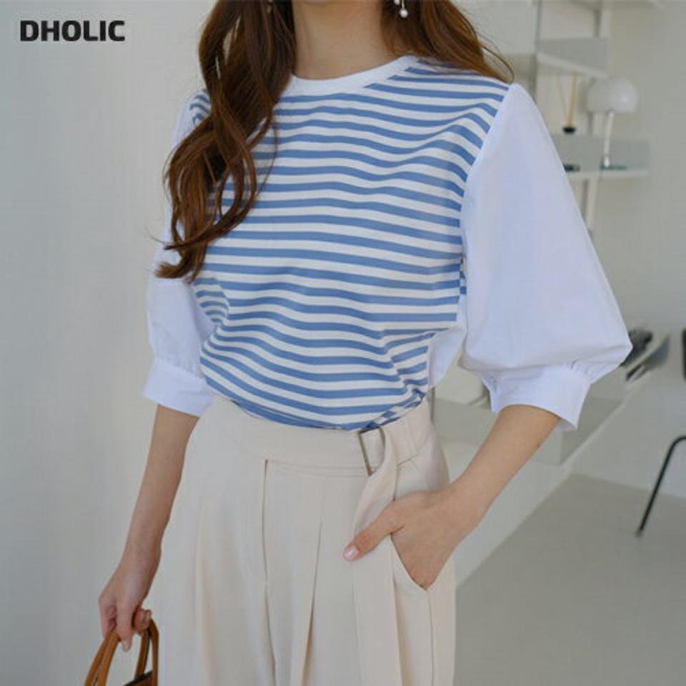 ボーダーパフブラウス・全3色・b67527 レディース 【bl】【トップス ブラウス 七分丈 七分袖 7分丈 7分袖 ボーダー柄 爽やか パフ袖 パフスリーブ 春 夏 秋 韓国 ファッション】【ハイホリHIHOLLI】