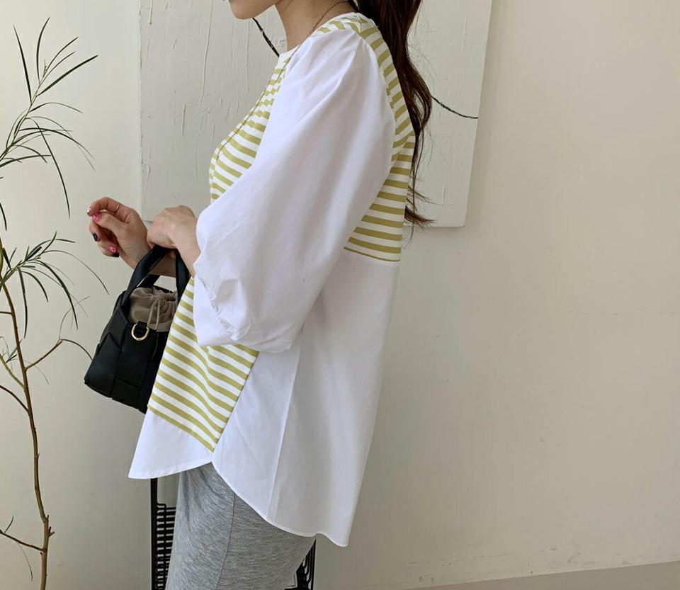 ボーダーパフブラウス・全3色・b67527 レディース 【bl】【トップス ブラウス 七分丈 七分袖 7分丈 7分袖 ボーダー柄 爽やか パフ袖 パフスリーブ 春 夏 秋 韓国 ファッション】【ハイホリHIHOLLI】