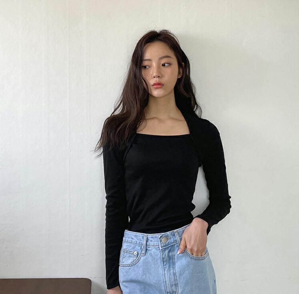 スクエアリブスリムTシャツ・全4色・b64942 レディース 【tops】【韓国 ファッション トップス Tシャツ 長袖 スリム フィット フェミニン デコルテ スクエアネック ラグランスリーブ リブ カジュアル 体型カーバー デイリー 春 夏】